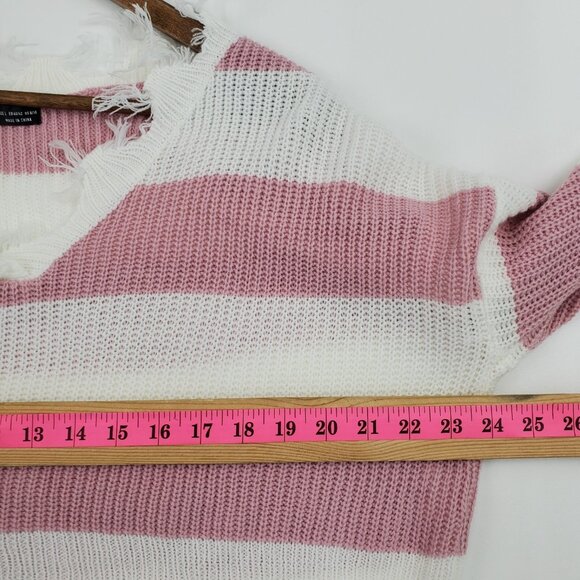 Womens L Striped Distressed Cropped Sweater Pink White Long Sleeve Grunge Y2K - Picture 15 of 16